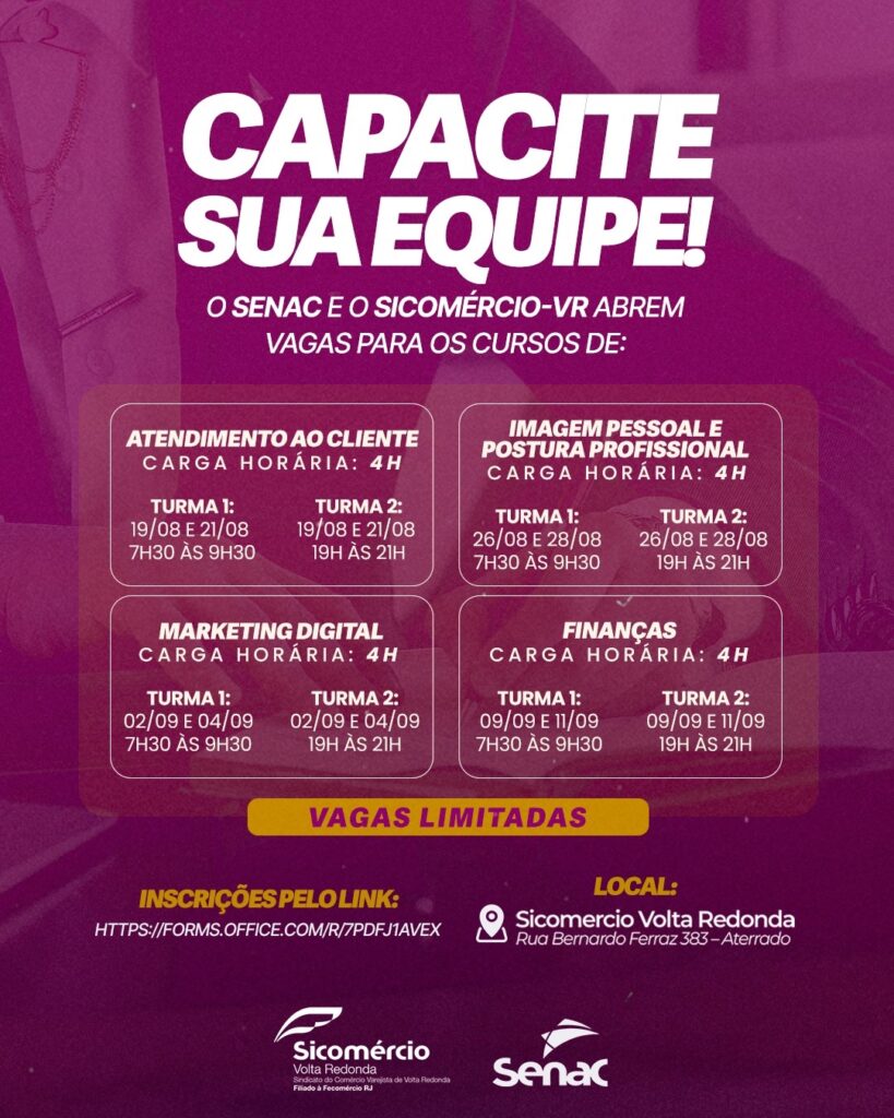 Sicomércio-VR, em parceria com Senac, vai promovercursos para gerentes em agosto e setembro