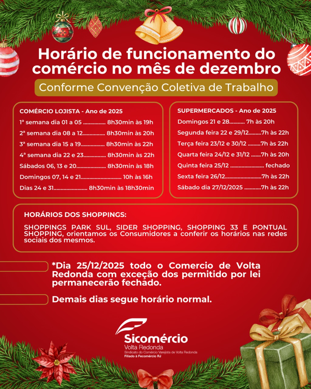Horário de funcionamento do comércio no mês de dezembro de 2025