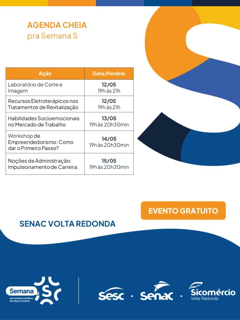 "Semana S", no Senac, acontece de 12 a 15/05, em parceria com Sicomércio-VR, focada em capacitação